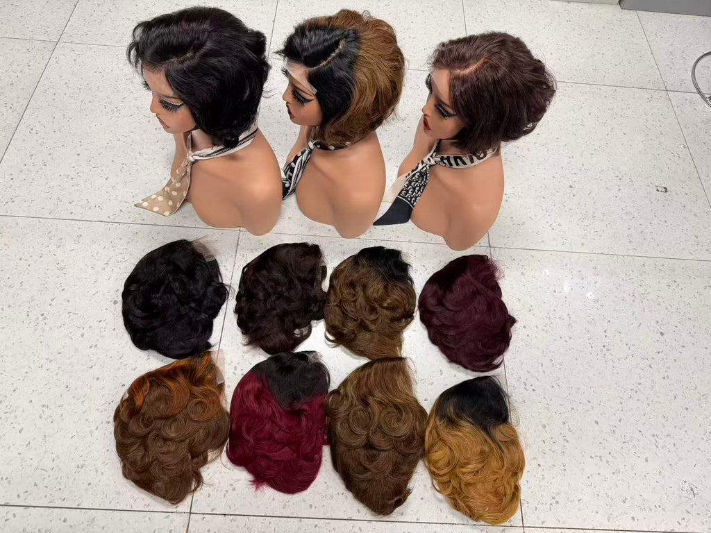 100% Human Hair 4x4 Lace Closure Short Wavy Pixie Cut Wig - 4X4PX-011