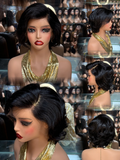 HD Lace Frontal Short Layered Wavy Pixie Bob Wig - 100% Virgin Remy Human Hair (Vintage Side Part)