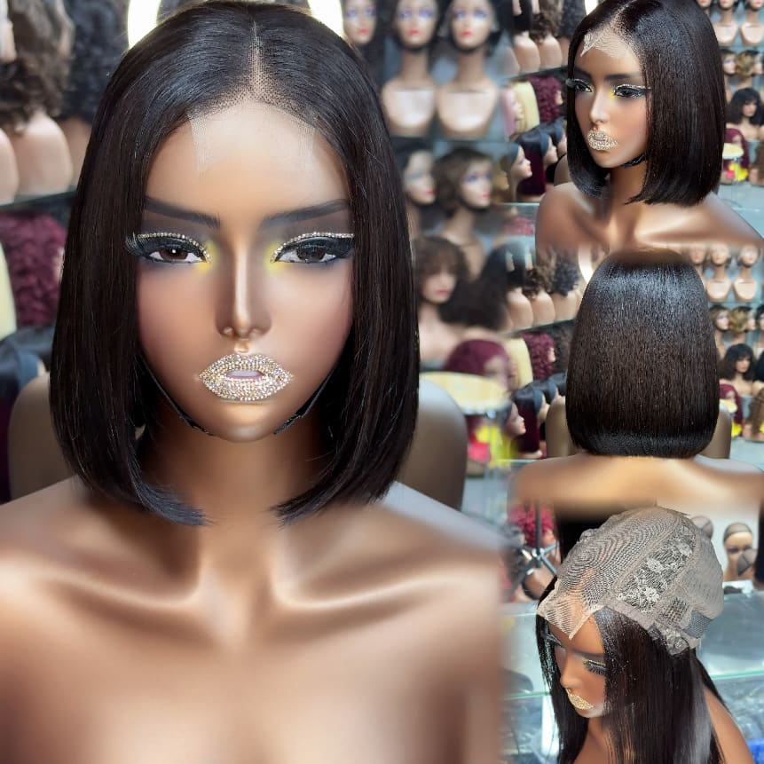 2x6 Lace Closure Super Double Drawn Blunt Cut Bob 100% Human Hair Wig