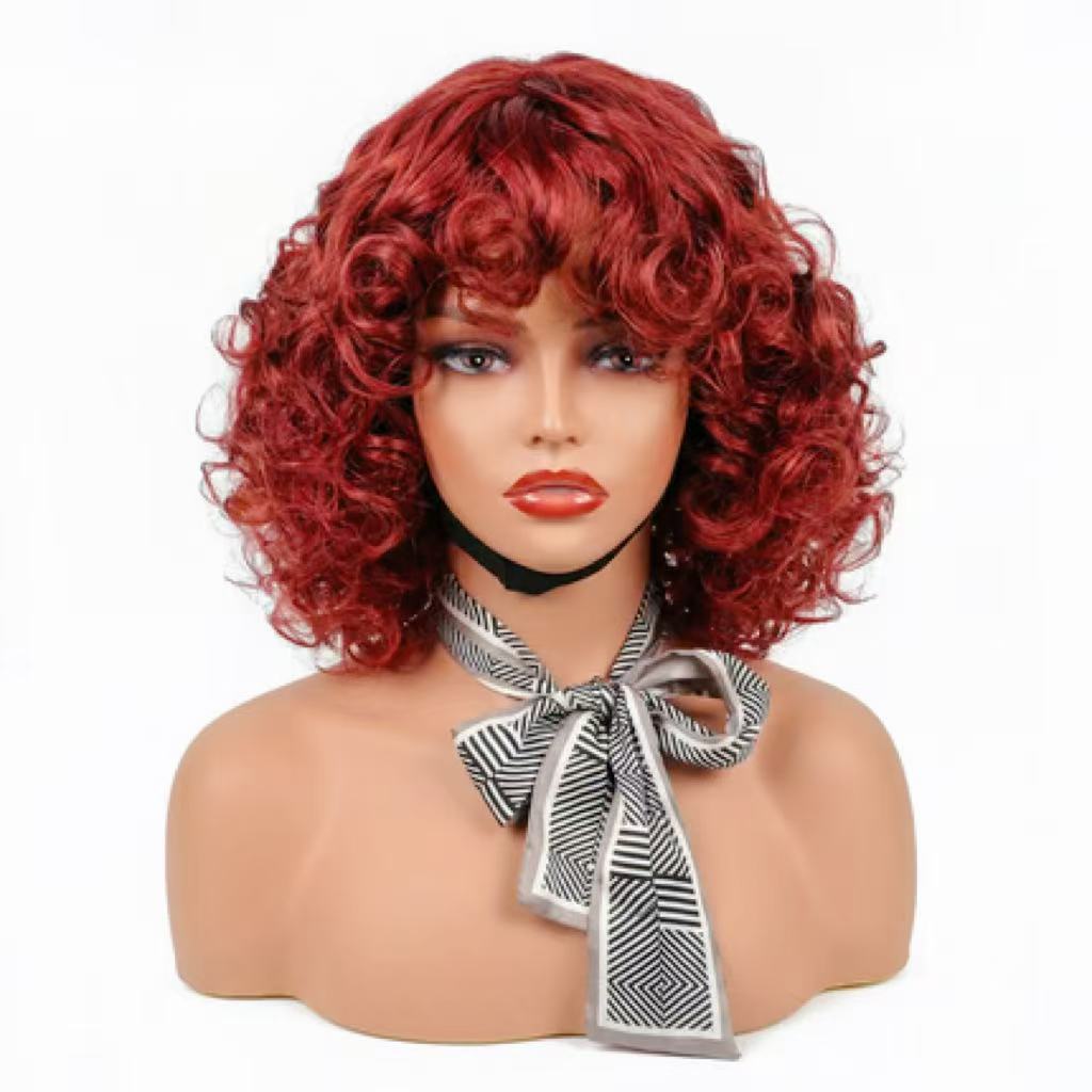 Retro Bouncy Curly Bob Wig with Bangs - 100% Virgin Remy Human Hair