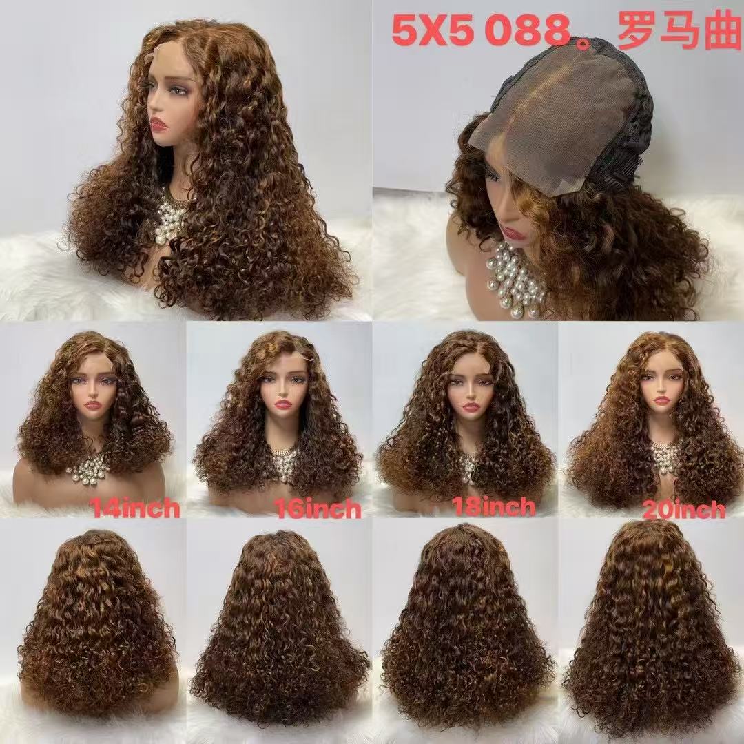 5x5 Lace Closure Roman Curl Wig - 100% Virgin Human Hair Bouncy Deep Wave (#088 Highlight & Natural Black)