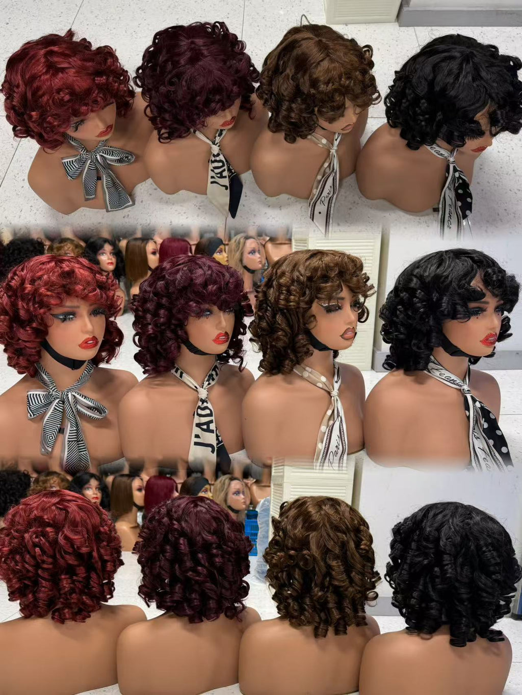 Retro Bouncy Curly Bob Wig with Bangs - 100% Virgin Remy Human Hair