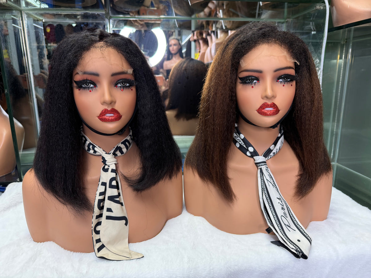 100% Virgin Human Hair 5x5 HD Lace Kinky Straight Bob Wig - 12" 250% Density