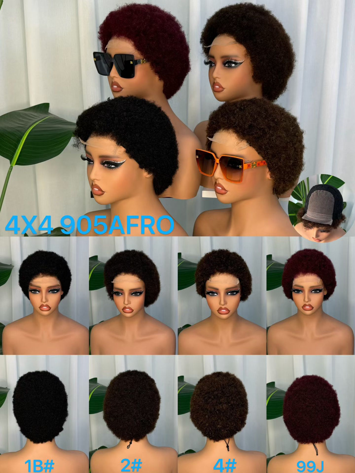100% Human Hair Short Afro Kinky Curly 4x4 Lace Closure Wig - 905 Afro