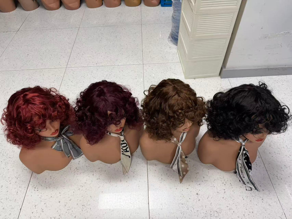Retro Bouncy Curly Bob Wig with Bangs - 100% Virgin Remy Human Hair