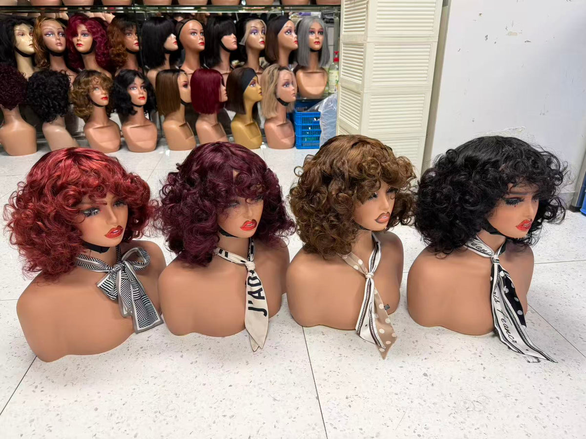 Retro Bouncy Curly Bob Wig with Bangs - 100% Virgin Remy Human Hair