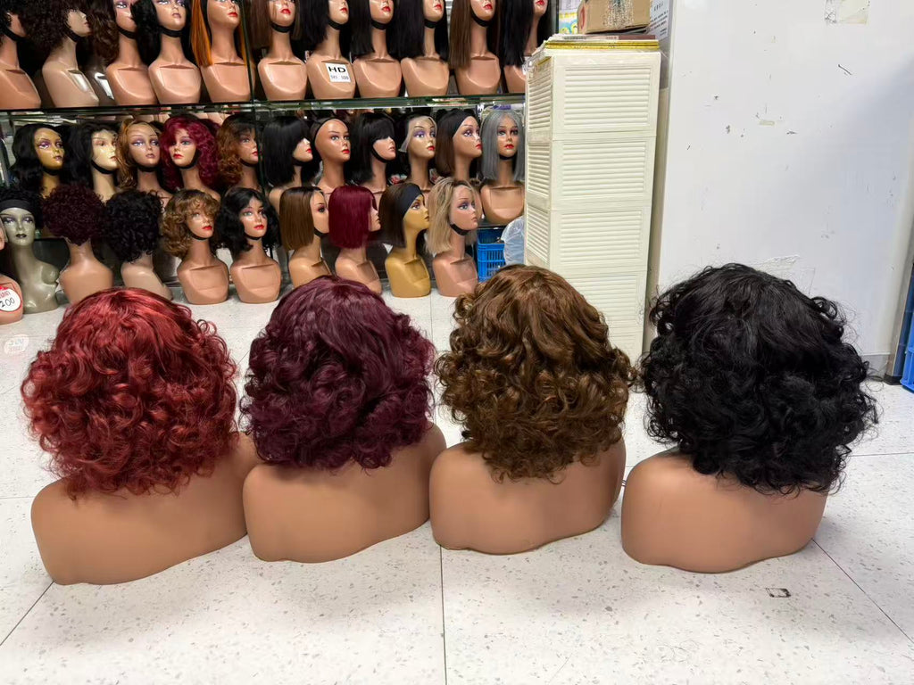 Retro Bouncy Curly Bob Wig with Bangs - 100% Virgin Remy Human Hair