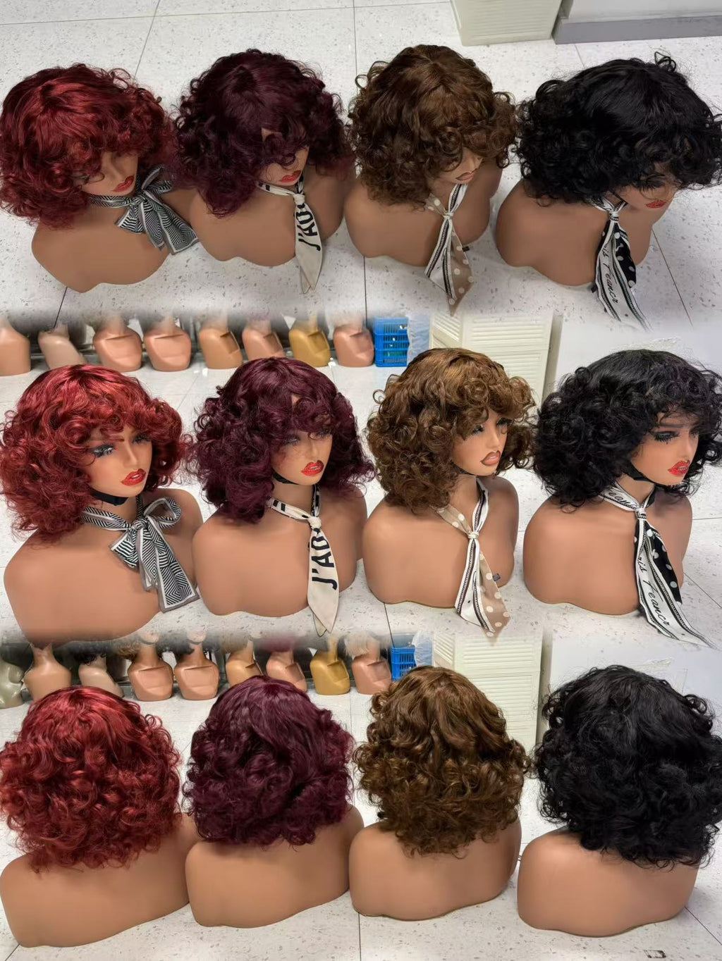 Retro Bouncy Curly Bob Wig with Bangs - 100% Virgin Remy Human Hair