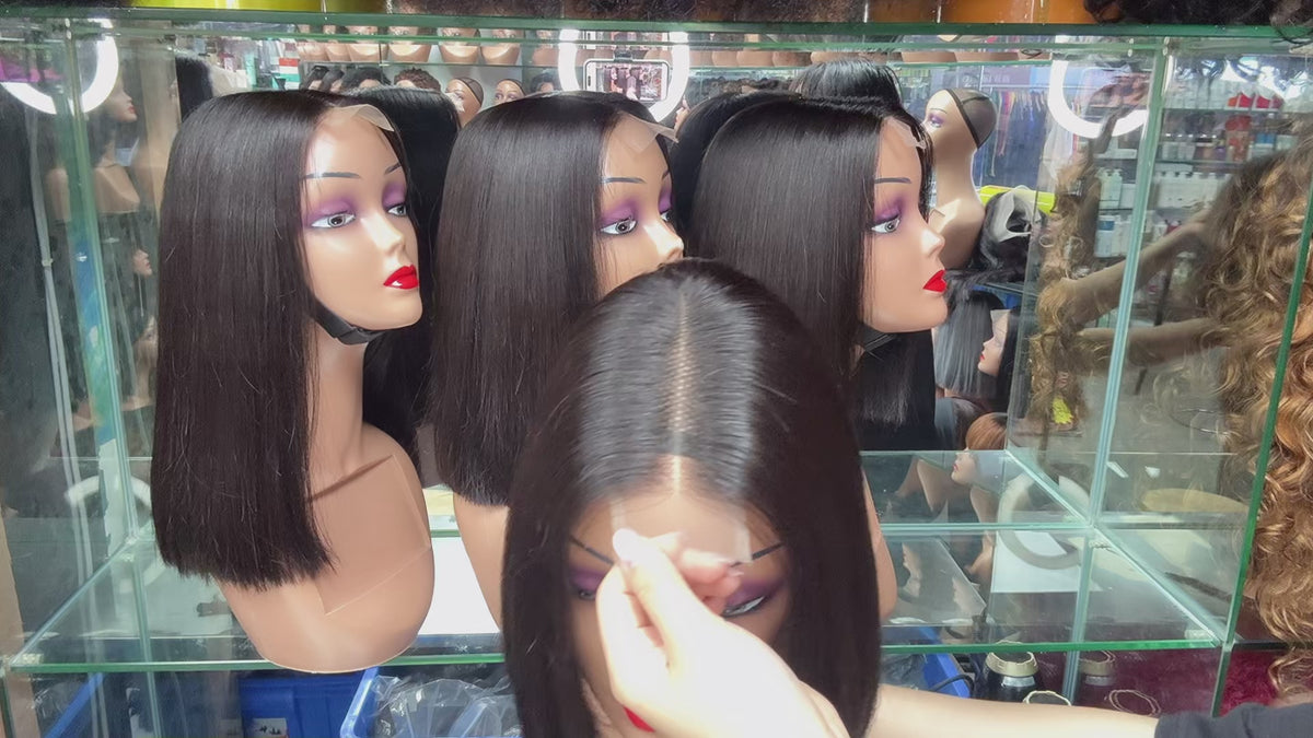 2x6 Lace Closure Super Double Drawn Blunt Cut Bob 100% Human Hair Wig