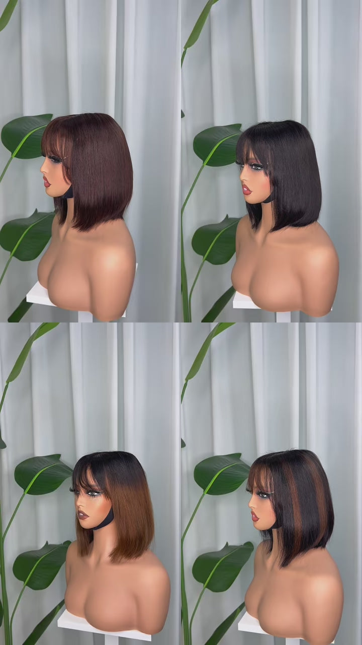 2x6 Lace Closure Straight Bob Wig with Bangs - 10 Inch 100% Virgin Remy Human Hair