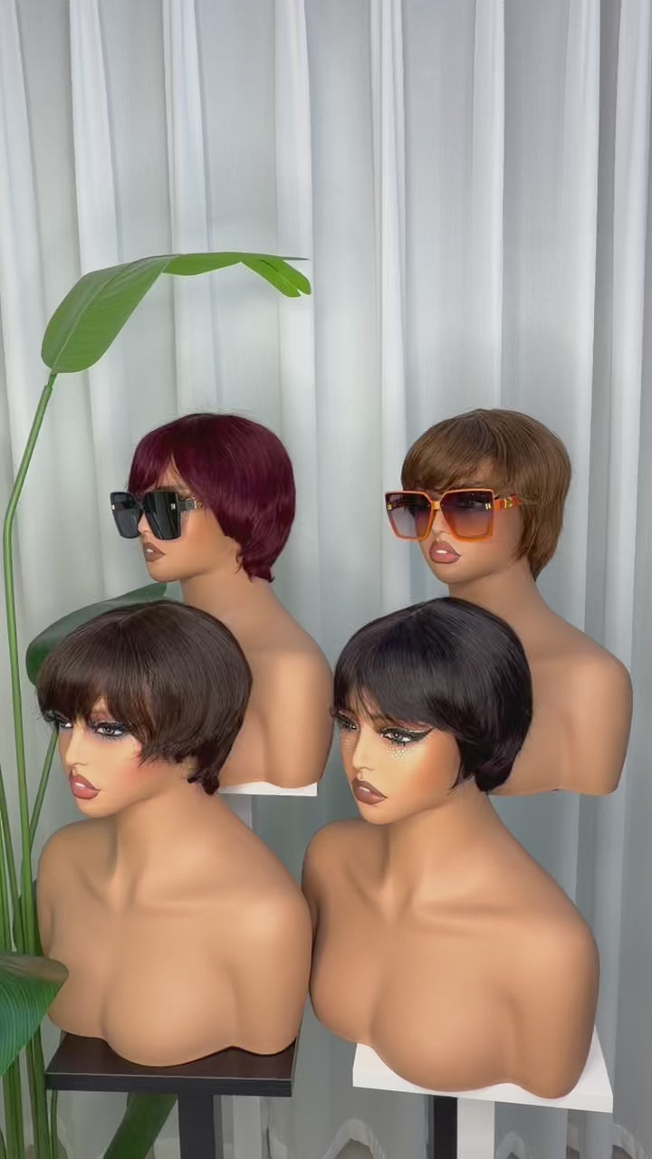 Short Human Hair Wig with Bangs, 100% Human Hair Wig