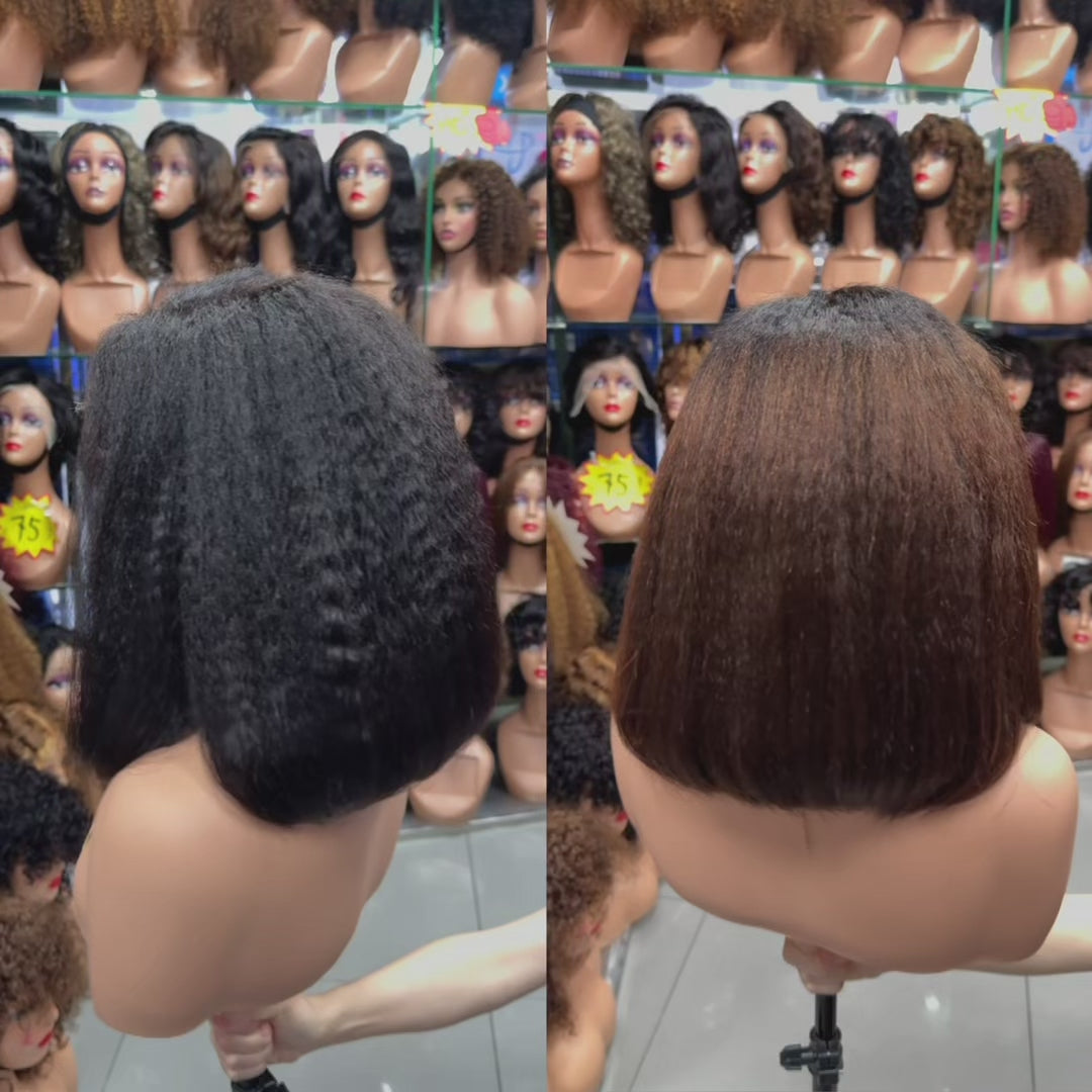 100% Virgin Human Hair 5x5 HD Lace Kinky Straight Bob Wig - 12" 250% Density