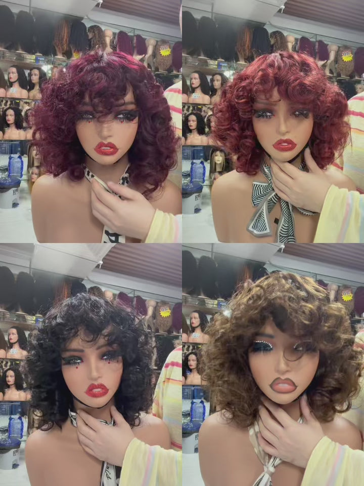 Retro Bouncy Curly Bob Wig with Bangs - 100% Virgin Remy Human Hair